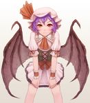  ascot bad_id bad_pixiv_id bat_wings blush bow corset face hair_bow kurione_(zassou) purple_hair red_eyes remilia_scarlet short_hair skirt skirt_tug solo standing sweatdrop torn_wings touhou wings wrist_cuffs 