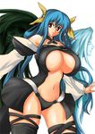  amano_mokuzu arc_system_works bare_shoulders blue_hair bow bows breasts cleavage dizzy guilty_gear hair_bow hair_bows large_breasts long_hair midriff mokuzu mokuzu120 red_eyes solo standing thighhighs underboob wings 