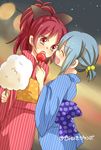  bad_id bad_pixiv_id blue_hair bow candy_apple closed_eyes cotton_candy food hair_bow japanese_clothes kimono laughing long_hair mahou_shoujo_madoka_magica miki_sayaka multiple_girls open_mouth ponytail red_eyes red_hair sakura_kyouko short_hair short_ponytail striped yukata zawameki 