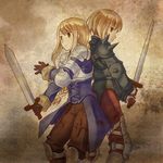  1girl agrias_oaks angelsyndrome armor back-to-back blonde_hair boots braid brown_eyes final_fantasy final_fantasy_tactics gloves long_hair ramza_beoulve single_braid spikes sword weapon 