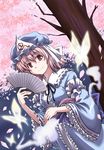  bug butterfly cherry_blossoms dutch_angle fan folding_fan ghost hat hitodama insect japanese_clothes looking_at_viewer pink_hair red_eyes rimibure saigyouji_yuyuko smile solo touhou tree triangular_headpiece upper_body 