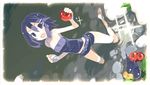  :d asagiri_asagi barefoot black_eyes black_hair disgaea dutch_angle fingerless_gloves food fruit gloves happy harada_takehito holding holding_food holding_fruit kneeling lowres nippon_ichi official_art open_mouth partially_submerged prinny_(series) prinny_~ore_ga_shujinkou_de_iinsuka?~ short_hair shorts smile solo tomato water 