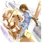  album_cover andrew_wk bad_id bad_pixiv_id brown_hair colony cover denim earth floating gundam gundam_rock highres jeans long_hair male_focus mecha mobile_suit_gundam pants planet rx-78-2 shirt shoes sneakers solo space_station t-shirt watch yasuda_akira 