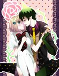  1girl amaimon antenna_hair ao_no_exorcist bad_id bad_pixiv_id blonde_hair coat fangs green_eyes green_hair hair_ribbon hairband holding_hands imminent_kiss moriyama_shiemi necktie pointy_ears pointy_hair ribbon school_uniform short_hair sitting sitting_on_lap sitting_on_person skirt striped striped_neckwear suzushiro thighhighs white_legwear 