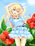  aizawa_hikaru alternate_costume arms_up blonde_hair blue_eyes blue_skirt flower frills gathers hibiscus long_hair looking_at_viewer microsoft open_mouth regdic silverlight skirt smile solo 