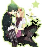  1girl amaimon antenna_hair ao_no_exorcist bad_id bad_pixiv_id blonde_hair boots coat crossed_legs fangs fingernails flower green_eyes green_hair hair_flower hair_ornament long_fingernails moriyama_shiemi open_mouth pointy_hair short_hair sitting sitting_on_lap sitting_on_person skirt thighhighs white_legwear xenon_1005 zettai_ryouiki 