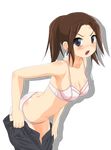  :o bare_shoulders blush bra breasts brown_hair butt_crack cleavage denim forehead grey_eyes hangaku highres jeans left_4_dead lingerie medium_breasts open_mouth pants ponytail solo transparent_background underwear undressing v-shaped_eyebrows zoey_(left4dead) 