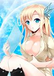  arui_ryou blonde_hair blue_eyes boku_wa_tomodachi_ga_sukunai breasts bug butterfly cleavage collarbone hair_ornament insect kashiwazaki_sena large_breasts long_hair open_clothes open_shirt shirt sitting solo 