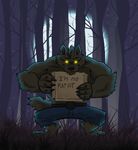  clothed clothing creepy english_text glowing glowing_eyes grass half-dressed looking_at_viewer male mammal moon muscles night sign sofakinggood solo text topless tree were werewolf wolf wood 