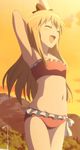  :d arm_up armpits bare_shoulders bikini blonde_hair blush bow closed_eyes cowboy_shot eyebrows_visible_through_hair frills hair_bow highres long_hair navel open_mouth outdoors red_bow red_swimsuit screencap smile solo stitched swimsuit third-party_edit toshinou_kyouko yuru_yuri 