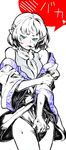  blue_eyes blush covering covering_crotch mizuhashi_parsee monochrome off_shoulder pointy_ears shirt_tug short_hair solo spot_color sweat touhou watata13 