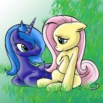  blue_hair duo equine female feral fluttershy_(mlp) friendship_is_magic frown grass hair hasbro horn horse lying mammal mast88 my_little_pony pegasus pink_hair princess_luna_(mlp) shy sitting smile unknown_artist winged_unicorn wings 