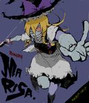  blonde_hair blood blue_background bracelet braid character_name crazy crazy_eyes english fangs grey_skin grin hat heterochromia jewelry kirisame_marisa knife looking_at_viewer necklace pageratta pumpkin skull smile solo stitches touhou witch_hat zombie 
