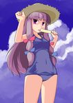  food hat highres kir licking long_hair one-piece_swimsuit patchouli_knowledge popsicle purple_eyes purple_hair school_swimsuit solo straw_hat swimsuit touhou 