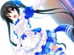  black_hair blue_eyes bow game_cg hair_bow highres long_hair long_sleeves luna_lia mechakon! open_mouth purple_eyes skirt solo striped striped_legwear thighhighs twintails yatake_tsubaki 