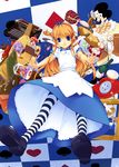  alcohol alice_(wonderland) alice_in_wonderland blonde_hair blue_eyes bread buttons card falling_card food kirishima_satoshi long_hair pantyhose playing_card solo striped striped_legwear typewriter wine 