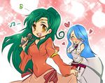  2girls blue_hair cute elincia elincia_ridell_crimea fire_emblem fire_emblem_path_of_radiance green_hair heart long_hair lucia_(fire_emblem) microphone yellow_eyes 