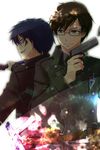  ailala ao_no_exorcist blue_eyes blue_hair brothers brown_hair green_eyes gun mole multiple_boys necktie okumura_rin okumura_yukio pointy_ears siblings striped striped_neckwear sword weapon 