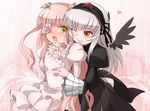  black_wings blush breast_grab breasts dress eyepatch flower flower_eyepatch frills grabbing green_eyes hairband heart kirakishou lolita_fashion mtyy multiple_girls open_mouth rose rozen_maiden silver_hair small_breasts suigintou wings yuri 