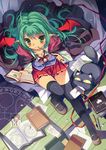  ahoge bad_id bad_pixiv_id bat_wings black_legwear blush book breasts cape cat chalk cherry_blossoms cleavage from_above green_eyes green_hair heart highres letter loafers long_hair love_letter magic_circle magic_research mechanical_pencil original pencil petals photo_(object) pikomint pleated_skirt pointy_ears ribbon school_uniform shoes sitting skirt small_breasts solo thighhighs vest wand wings zettai_ryouiki 