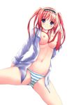  akita_hika bad_id bad_pixiv_id blue_eyes blush breasts hairband highres medium_breasts navel necktie nipples no_bra open_clothes open_shirt original panties red_hair shirt simple_background smile solo spread_legs striped striped_panties twintails underwear 