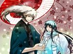  1girl black_hair blush closed_eyes couple fukurou_(hukirou) hetero japanese_clothes kimono long_hair multicolored_hair nura_rikuo nurarihyon_no_mago scarf smile white_hair yuki_onna_(nurarihyon_no_mago) 