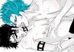  2boys arrancar black_hair bleach blue_eyes blue_hair espada eyes_closed grimmjow_jaegerjaquez hisagi_shuuhei hollow lick licking male_focus multiple_boys open_mouth partially_colored shirtless short_hair sweat tattoo tongue tongue_out yaoi 