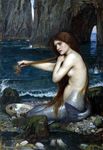 breasts female fish_tail john_william_waterhouse merfolk mermaid no_feet pearl proper_art side_boob solo water 