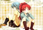  back-to-back bad_id bad_pixiv_id blue_hair boots food gunp hair_ornament hairclip kneehighs loafers mahou_shoujo_madoka_magica miki_sayaka multiple_girls pocky red_eyes red_hair sakura_kyouko school_uniform shoes sitting 