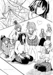  6+girls akemi_homura bonkara_(sokuseki_maou) comic drill_hair greyscale hair_ribbon heart highres kaname_junko kaname_madoka kaname_tatsuya kaname_tomohisa mahou_shoujo_madoka_magica miki_sayaka mizuhashi_kaori monochrome multiple_boys multiple_girls pantyhose ribbon sakura_kyouko school_uniform seiyuu_connection sitting thighhighs tomoe_mami translated twin_drills twintails walpurgisnacht_(madoka_magica) wariza 