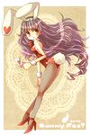  animal_ears bunny_ears bunny_tail bunnysuit card fishnet_pantyhose fishnets hiyopuko holding holding_card long_hair original pantyhose purple_hair red_eyes solo tail 