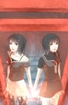  amakura_mayu amakura_mio black_hair blush brown_eyes bug butterfly dress fatal_frame fatal_frame_2 highres insect kutsushita_(jur) multiple_girls short_hair siblings sisters skirt torii twins 