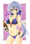  ahoge alcohol bad_id bad_pixiv_id bikini blush bottle bow breasts cleavage covered_nipples cup hair_bow hair_ornament kuune_rin long_hair medium_breasts midriff navel nipples open_mouth ponytail red_eyes sake solo swimsuit vocaloid voyakiloid water white_hair yowane_haku 