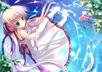  bare_shoulders barefoot blonde_hair blush dress green_eyes hair_ribbon long_hair looking_at_viewer looking_back looking_up mizusawa_mimori original outstretched_arm outstretched_hand partially_submerged ribbon ripples shoes_removed sitting solo sparkle sundress twintails very_long_hair water 