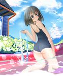  ass bad_feet black_hair blue_eyes fisheye highres hose iwanishi kneeling looking_back one-piece_swimsuit original pov school_swimsuit short_hair solo swimsuit wading_pool water 