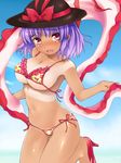  bikini blush bow breasts cameltoe cleavage dark_skin frilled_bikini frills ginji74 hat hat_bow high_heels large_breasts nagae_iku navel open_mouth purple_hair red_eyes sandals shawl shiny shiny_skin shoes short_hair side-tie_bikini solo swimsuit tan tanline tears thigh_gap touhou 