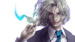  bad_id bad_pixiv_id blue_eyes blue_fire fire formal glowing glowing_eyes grey_hair long_hair male_focus necktie pale_skin ponytail realistic silver_hair simple_background solo suit tiger_&amp;_bunny white_background xilla yuri_petrov 