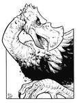  axe axe_beak beak black_and_white dungeons_&amp;_dragons eyes feathers long_neck monochrome monster plain_background solo talons unknown_artist weapon white_background 