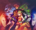  5boys alternate_costume aogiri_(pokemon) bag bandana bike_shorts black_hair blaziken blue_eyes brown_hair fingerless_gloves gardevoir gen_3_pokemon gloves green_eyes green_hair grin haruka_(pokemon) hat holding holding_poke_ball matsubusa_(pokemon) mitsuru_(pokemon) multiple_boys poke_ball pokemon pokemon_(creature) pokemon_(game) pokemon_emerald pokemon_rse pokemon_trainer red_eyes sceptile silver_hair smile swampert team_aqua team_magma tsuwabuki_daigo weee_(raemz) yuuki_(pokemon) 