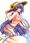  absurdres ass bad_id bad_yandere_id bikini copyright_request frills hat highres hose long_hair nishimata_aoi purple_eyes purple_hair solo straw_hat swimsuit water 