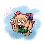  ^_^ alternate_costume bow chibi closed_eyes fang food food_print fruit hair_bow horn_ribbon horns ibuki_suika orange_hair pants puffy_pants pun ribbon solo touhou watermelon watermelon_print yanagi_(nurikoboshi) 