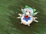  bad_id bad_pixiv_id blue_eyes blue_hair bow cirno dress hair_bow hammer_(sunset_beach) looking_up solo touhou wings 