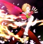  ankh_(ooo) belt blonde_hair braid fingerless_gloves food gloves hair_over_one_eye izumi_shingo kamen_rider kamen_rider_ooo_(series) long_sleeves male_focus mouth_hold necktie pants petals pink_eyes popsicle samurai10932 single_wing solo wings 