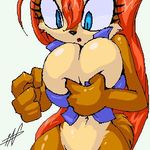  abstract_background big_breasts blue_eyes boob_squish breasts brown chipmunk female hair holding_breasts long_hair long_red_hair plain_background red_hair sally_acorn sega shirt simple_background solo sonic_(series) t03nemisis tagme white_background 