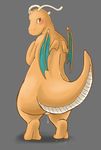  blush chubby dragon dragonite female green_eyes grey_background hindpaw horn looking_at_viewer looking_back nintendo nude orange_body overweight paws plain_background pok&#233;mon pok&eacute;mon pussy pussy_juice ryunwoofie scalie solo standing tail tan_belly video_games white wings yellow 