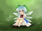  bad_id bad_pixiv_id blue_hair bow cirno hair_bow hammer_(sunset_beach) sitting solo touhou wings 