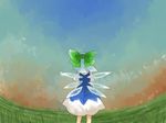  bad_id bad_pixiv_id blue_hair bow cirno dress from_behind hair_bow hammer_(sunset_beach) sky solo touhou wings 