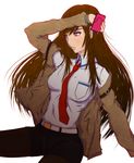  arm_up belt blue_eyes blush breasts brown_hair cellphone highres jacket legwear_under_shorts long_hair makise_kurisu medium_breasts necktie pantyhose phone red_neckwear short_shorts shorts simple_background solo steins;gate tetsuya_mk2 