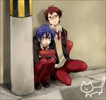  against_wall bag blue_eyes blue_hair brothers cat frown hand_on_head jusc0 mawaru_penguindrum multiple_boys necktie pole red_hair school_uniform shadow short_hair siblings squatting takakura_kanba takakura_shouma 