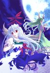  bow dress dual_persona ex-keine hat horns kamishirasawa_keine moon multiple_girls red_eyes scroll soukuu_kizuna tail touhou 